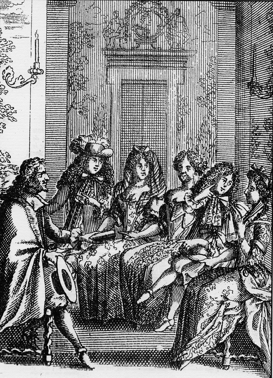 Przedstawienie sceny ze sztuki „La critique de l’ecole des femmes” (1663) Jeana Baptiste Poquelin dit Moliere (1622-1673). autorstwa School French