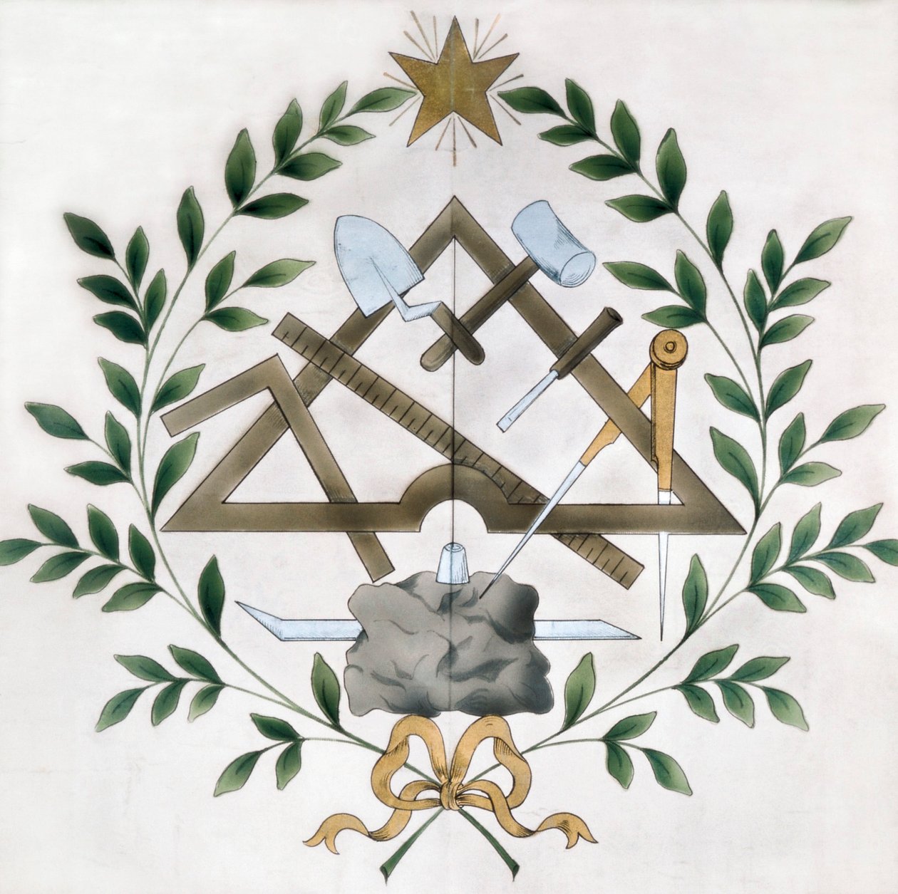 Przedstawienie różnych emblematów masońskich (akwarela) autorstwa School French