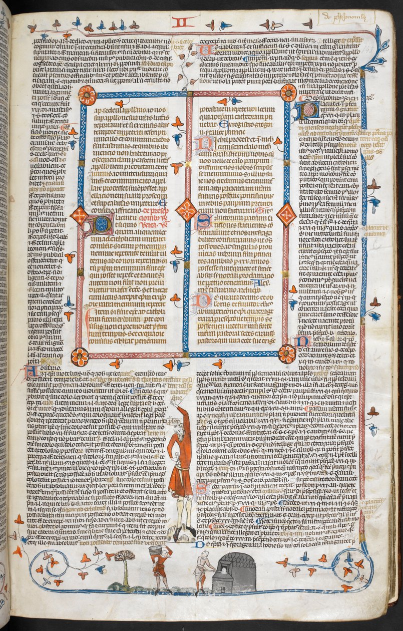 Royal 10 E. IV, f.145 Bass-de-page scena mężczyzny odwiedzającego piekarza, z „Dekretów Grzegorza IX z glossa ordinaria („Dekrety Smithfielda”)” (wellum) autorstwa School French
