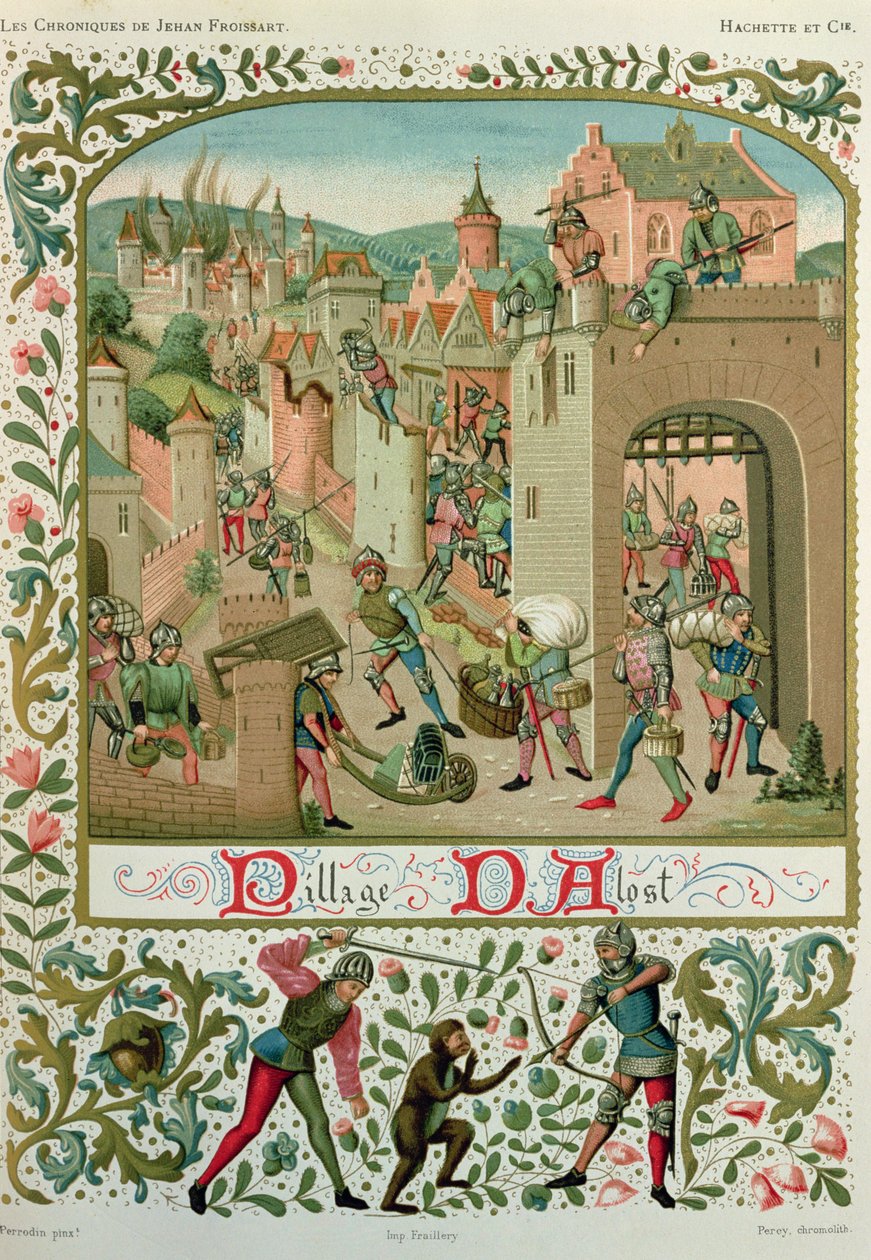 Sack of Aalst i Grammont przez mieszkańców Gandawy w 1380, z rękopisu „Chroniques” Jeana de Froissart (ok. 1337-ok. 1405) (wydanie faksymilowe) autorstwa School French