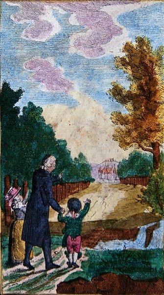Dzieci z nauczycielem, z „Le Nouveau Chemin du Plaisir”, wydanego w Norymberdze, koniec XVIII lub początek XIX w. (kolorowy drzeworyt) autorstwa School German