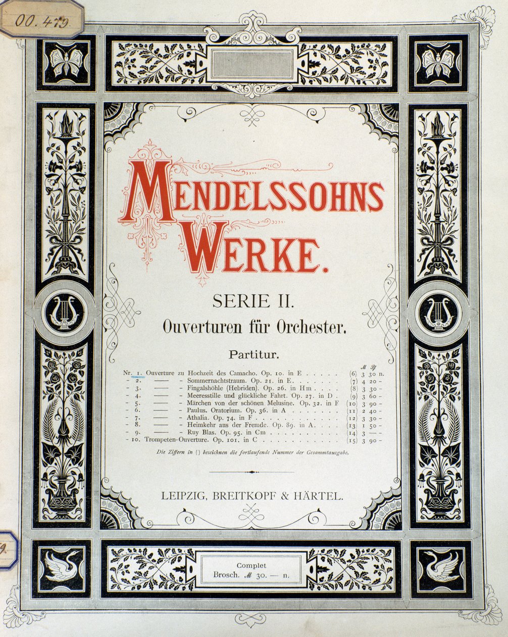 Okładka partytury „Uwertura op. 10 na orkiestrę” Felixa Mendelssohna (kolor lito) autorstwa School German