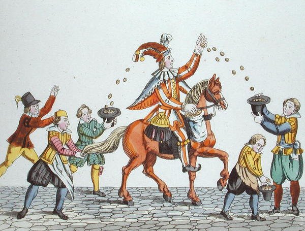 Błazen na kasztanowym koniu rzucający jedzeniem dzieciom, ze „Starych zwyczajów i zwyczajów norymberskich w grach i piosenkach”, wznowione w 1831 r. (kolor lito) autorstwa School German