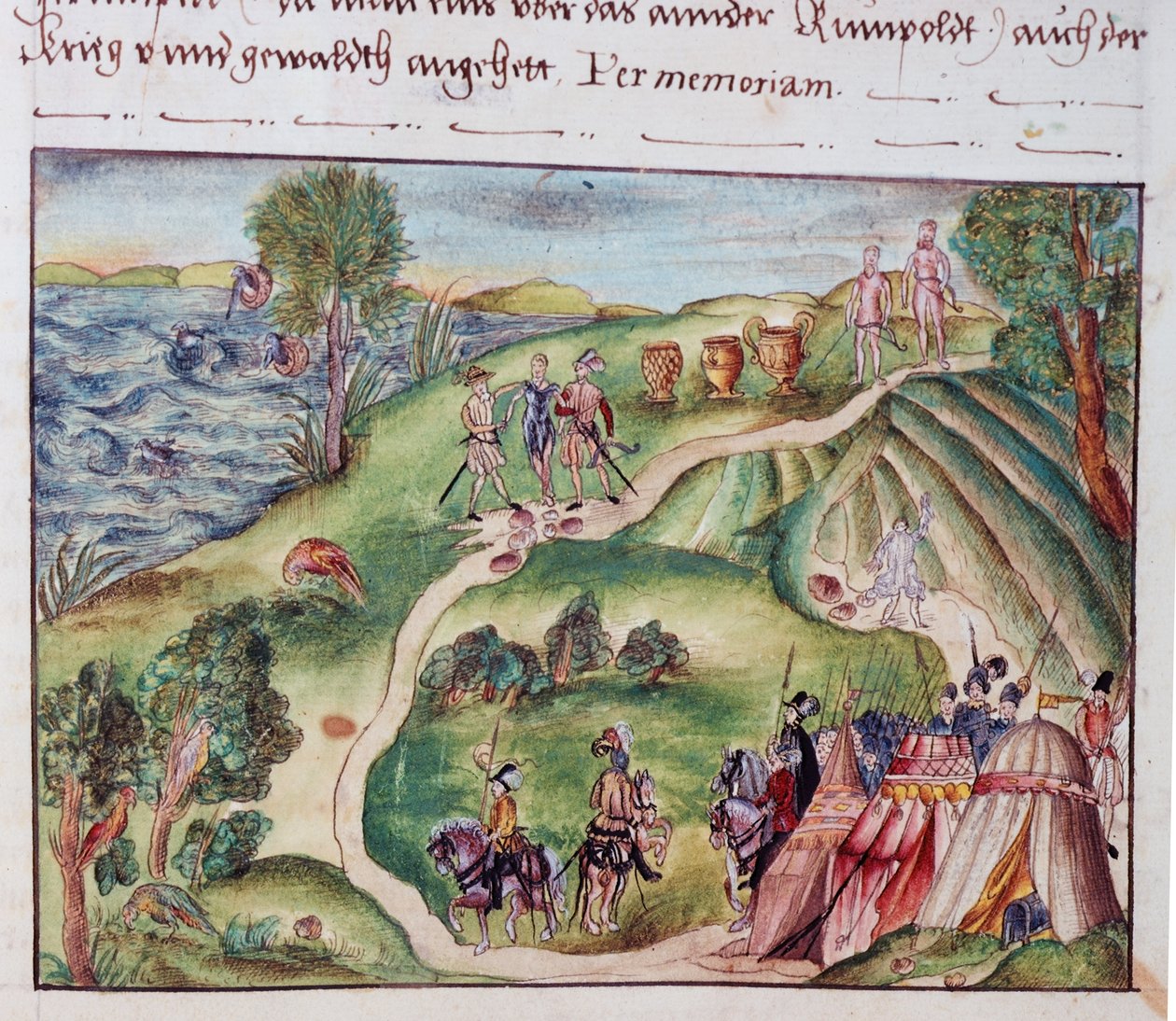 MS Add.15217 fol.40 Wenezuelski pejzaż z hiszpańskim obozowiskiem, ze zbioru wspomnień rodziny Coeler, Norymberga autorstwa School German