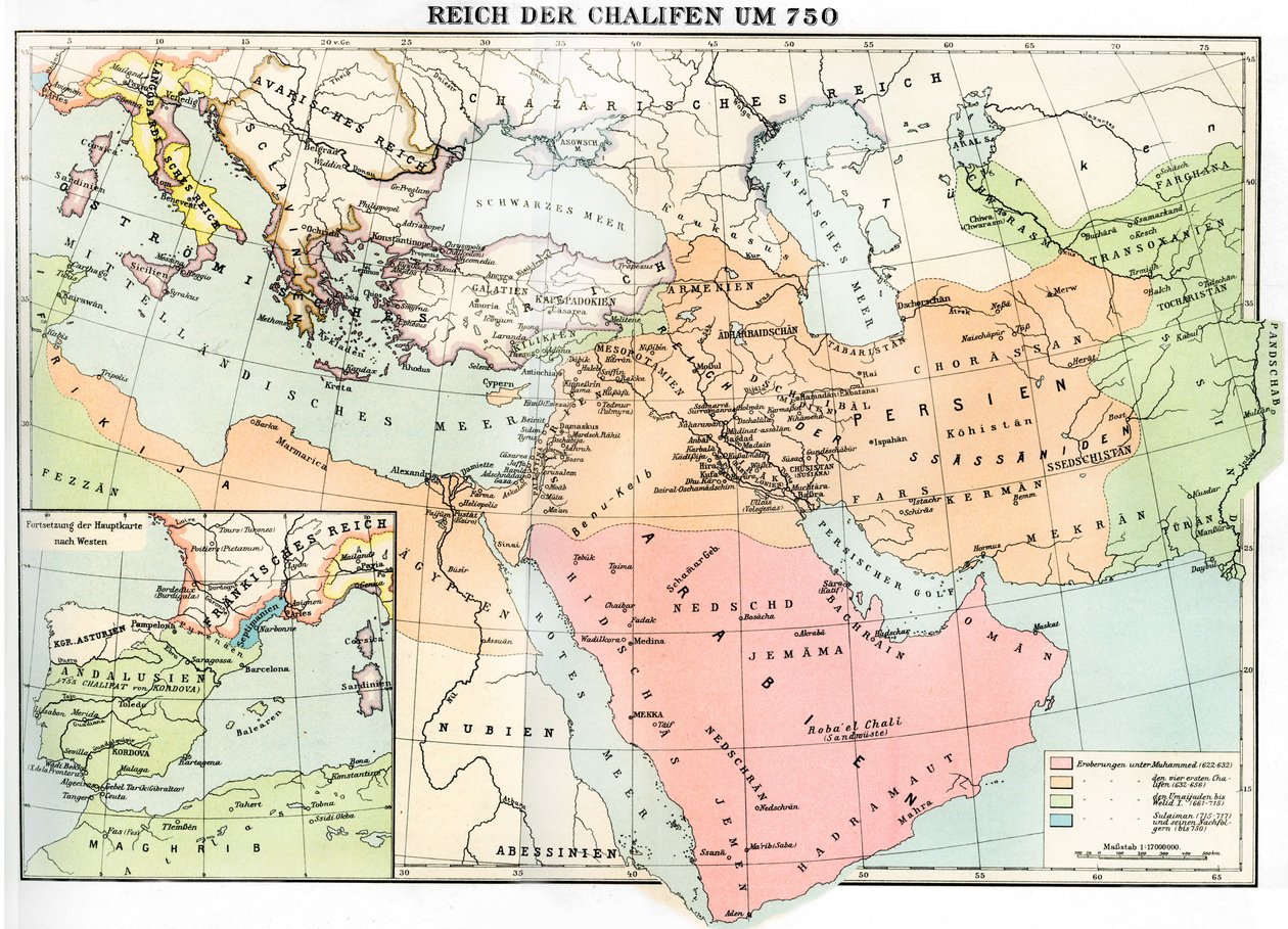 Mapa Imperium Kalifatu w 750 r., z "Weltgeschichte" Juliusa von Pflugk-Harttunga autorstwa School German