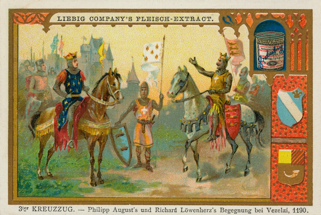 Filip II August i Ryszard Lwie Serce pod Vézelay, Trzecia Krucjata, karta Liebiga (druk) autorstwa School German