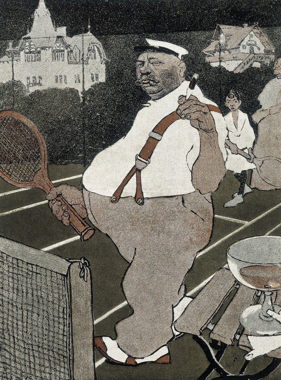 Tenis: grubas, palenie i picie alkoholu, gra w tenisa - niemiecka kreskówka autorstwa School German
