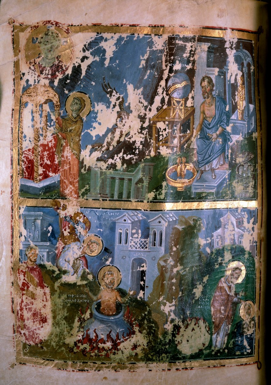 Sceny z życia św. Cypriana. Miniatura w „Samicach”. Orationes”” św. Grzegorza z Bizancjum z Nazjanzu (lub Nazizmu) (328-390), 879-882. Rękopis grecki. Paryż, Holandia autorstwa School Greek