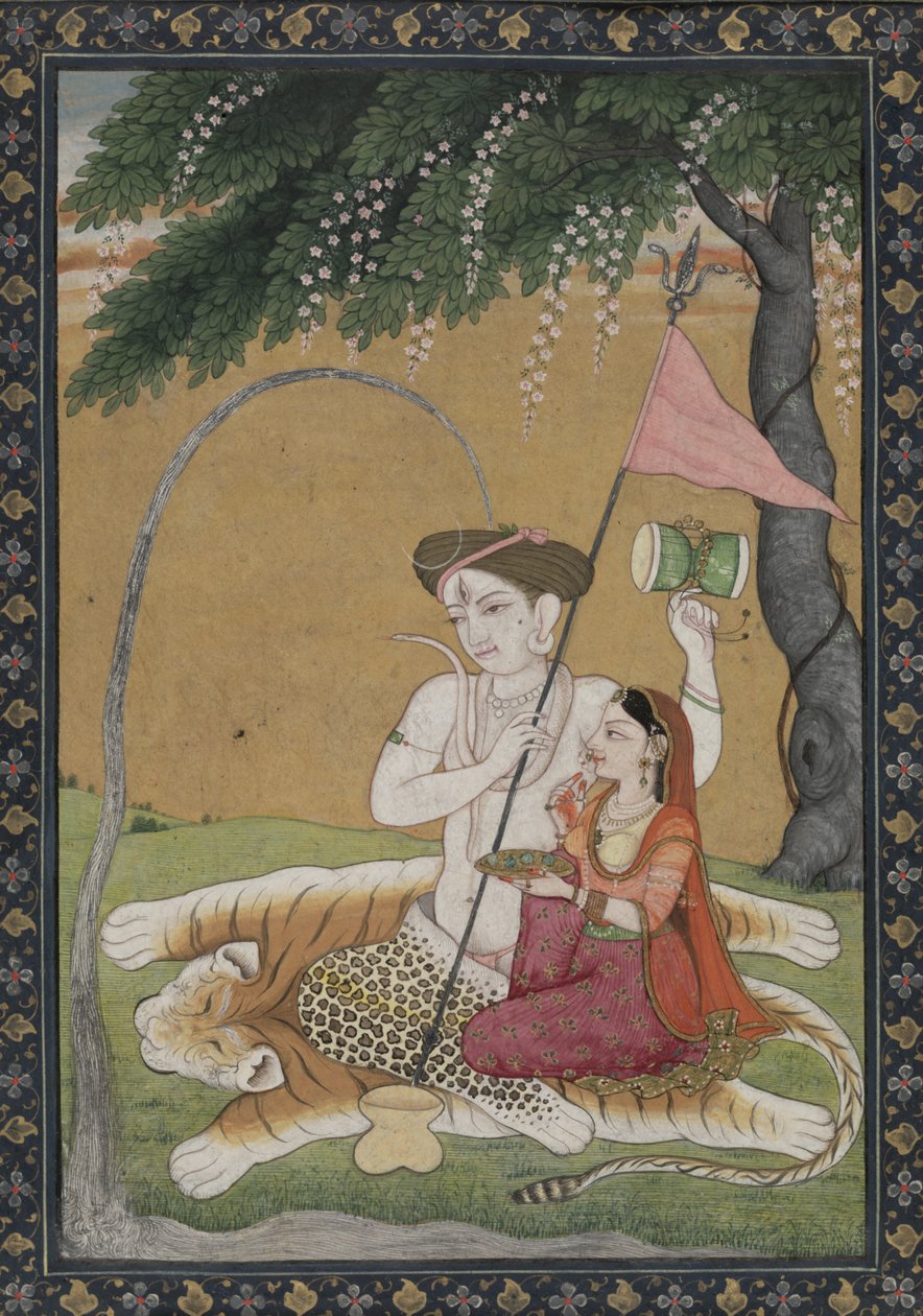 Shiva i Parvati na skórze tygrysa, ok. 1800 (akwarela ze złotem i srebrem) autorstwa School Guler