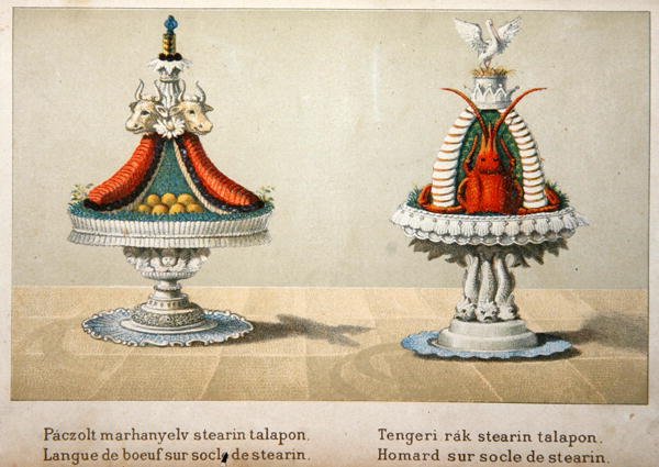 Projekt przedstawiający język wołu na stearynie i homara, ilustracja z węgierskiej książki kucharskiej o kuchni francuskiej, ok. 1880 (kolor litho) autorstwa School Hungarian