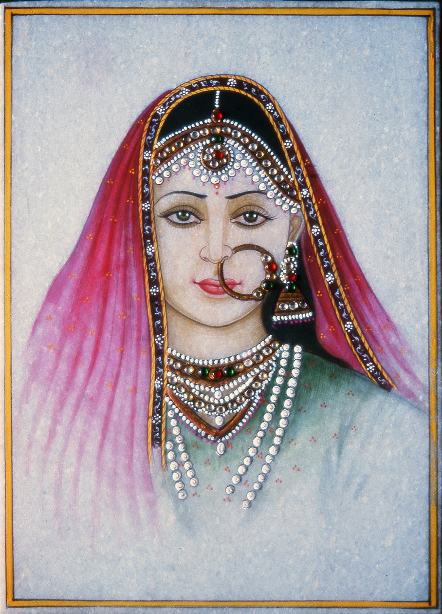 Radżastańska dama (gwasz i akwarela na marmurowej płycie) autorstwa School Indian