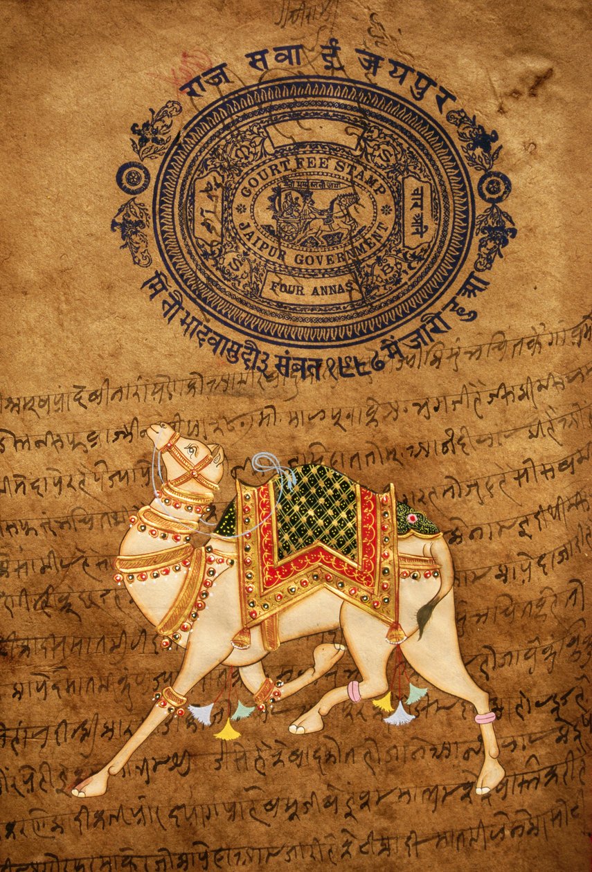 Wielbłąd, ręcznie malowany i stary papier stemplowy, Jaipur, Radżastan, Indie autorstwa School Indian