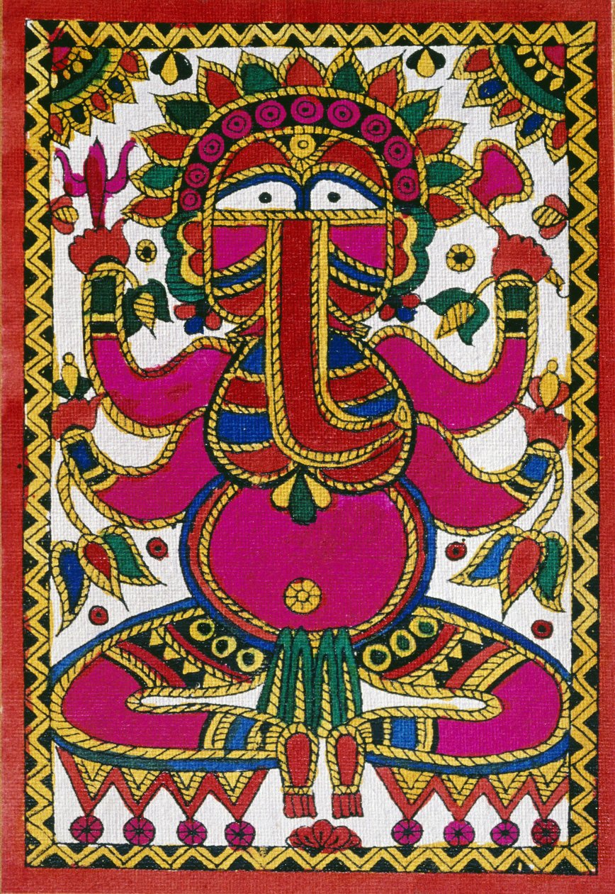 Bóg Ganesh z głową słonia (olej na tkaninie) autorstwa School Indian