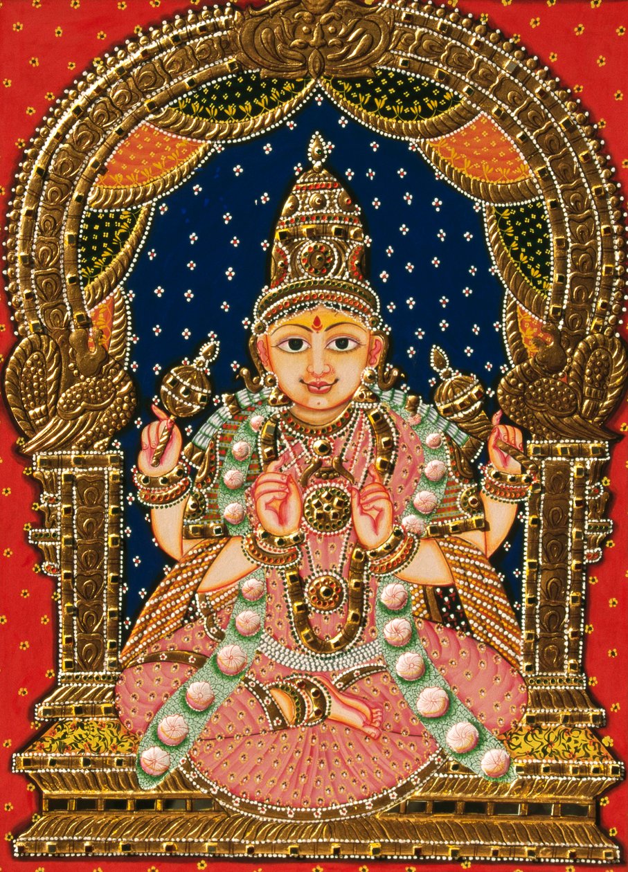 Tłoczona bogini Saraswati, malarstwo Tanjore autorstwa School Indian