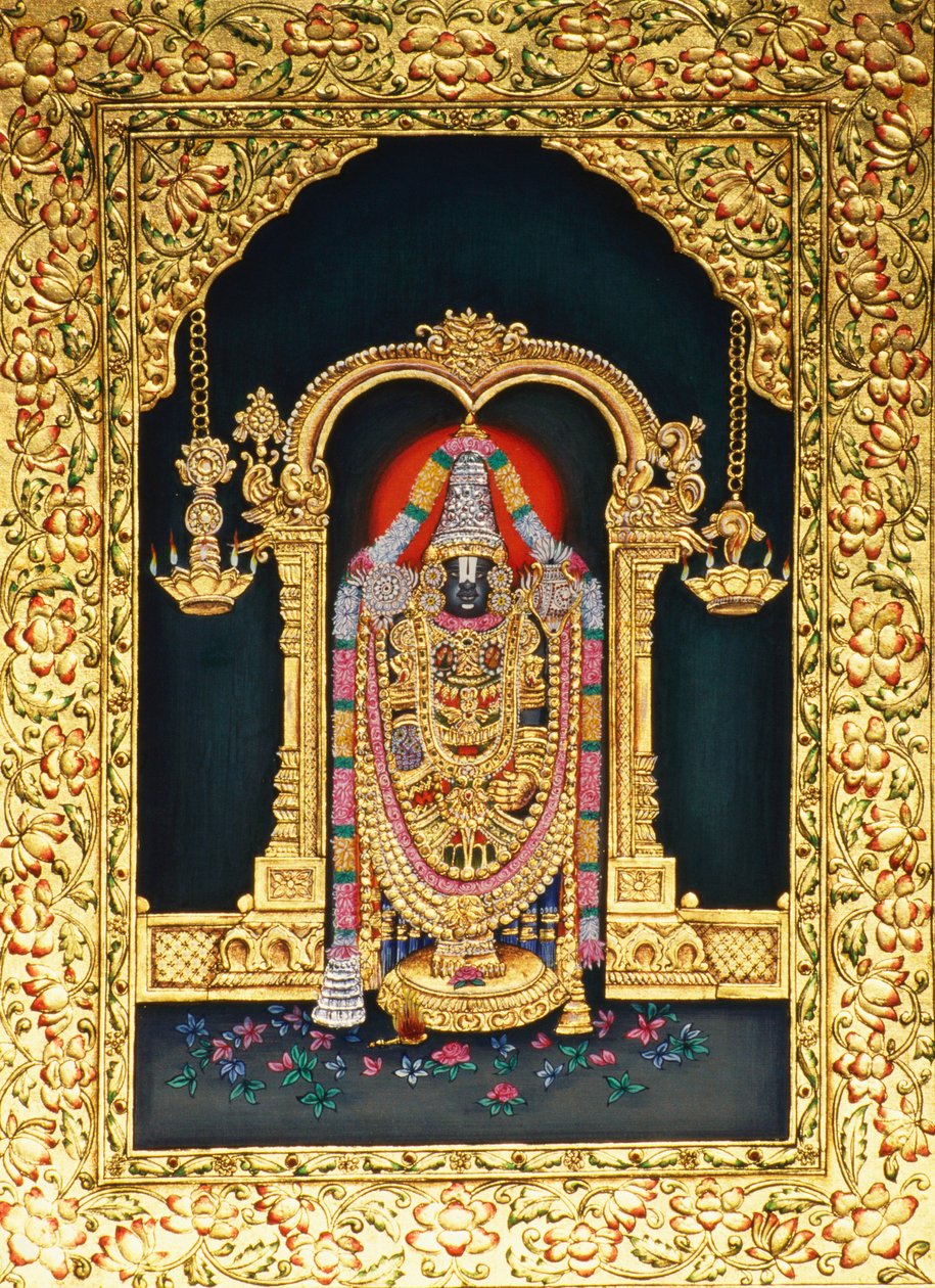 Bóg Tirupati Balaji w miniaturze na papierze ze złotym tłoczeniem autorstwa School Indian