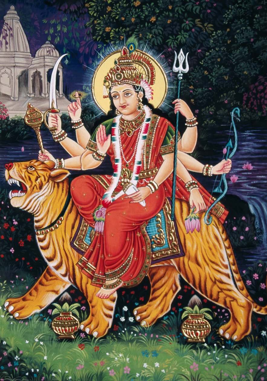 Bogini Durga miniaturowy obraz na papierze z haftem autorstwa School Indian