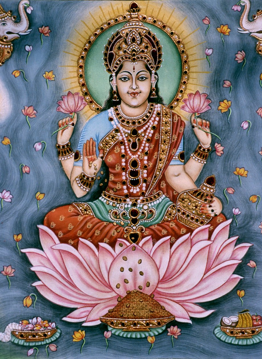 Bogini Lakshmi Miniatura malowana na papierze autorstwa School Indian