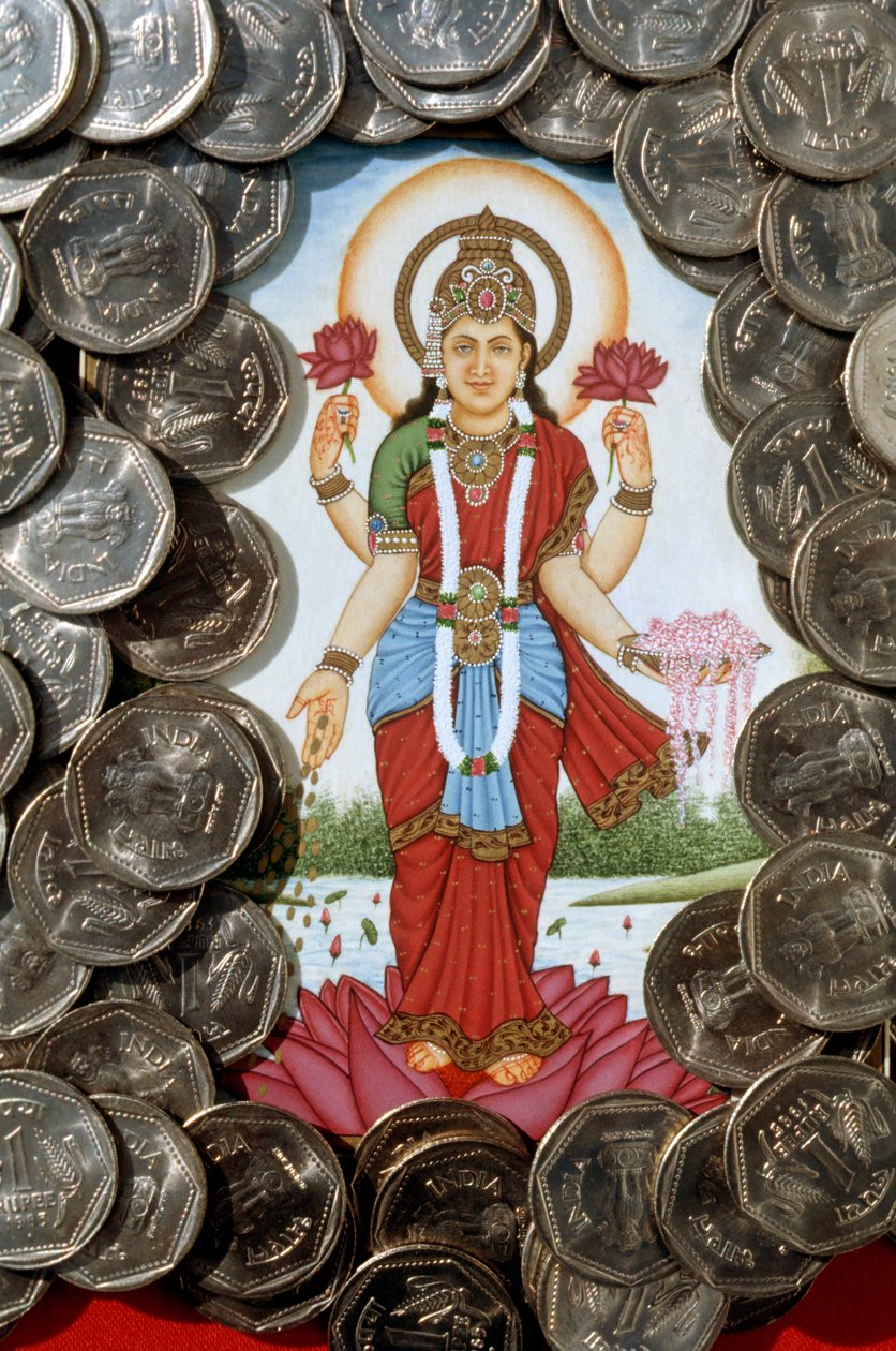 Bogini Lakszmi i monety o wartości jednej rupii autorstwa School Indian