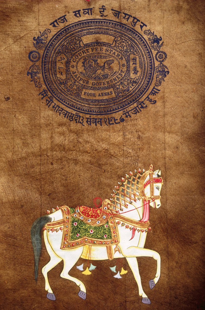 Koń, ręcznie malowany i stary papier stemplowy, Jaipur, Radżastan, Indie autorstwa School Indian