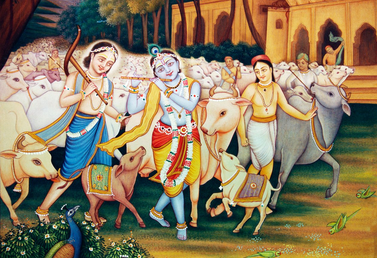 Kryszna i Balram z miniaturowym obrazem Gopala autorstwa School Indian