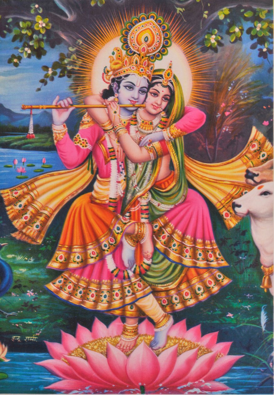 Kryszna i Radha (kolorowa litografia) autorstwa School Indian