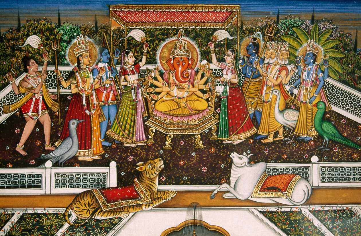 Pan Ganesh Ganpati z Brahmą, Wisznu, Sziwą, Durgą, Miniatura na papierze autorstwa School Indian
