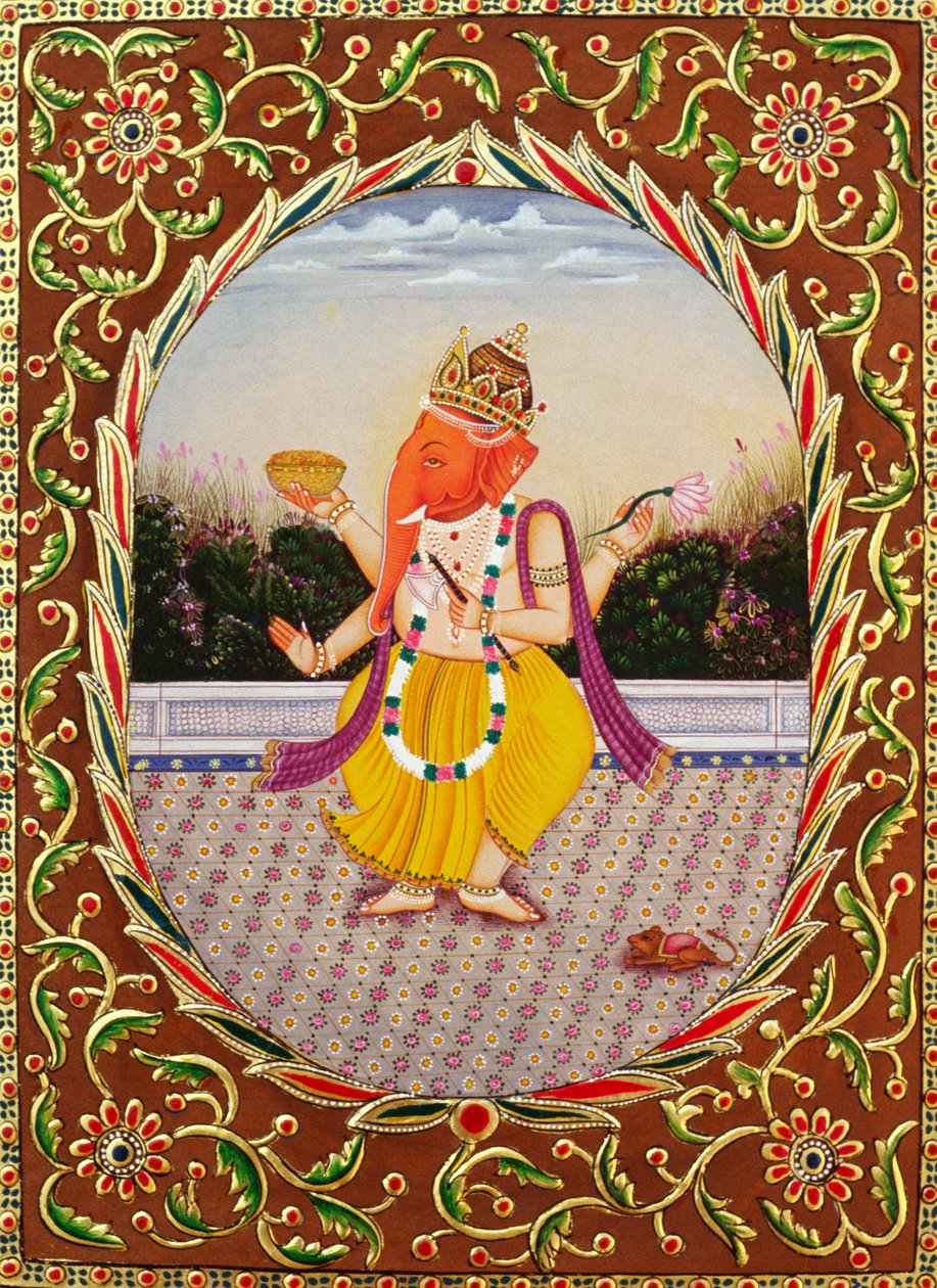 Miniaturowy obraz Lorda Ganesha Ganpati na papierze z haftem autorstwa School Indian