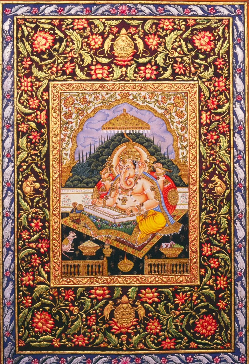 Miniaturowy obraz Lorda Ganesha Ganpati na papierze ze złotym tłoczeniem autorstwa School Indian