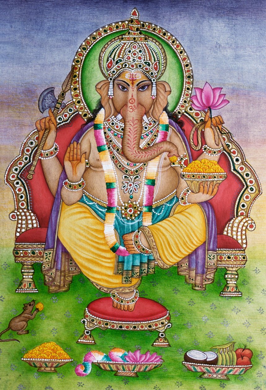 Pan Ganesha Ganpati w miniaturze malowanej na papierze autorstwa School Indian