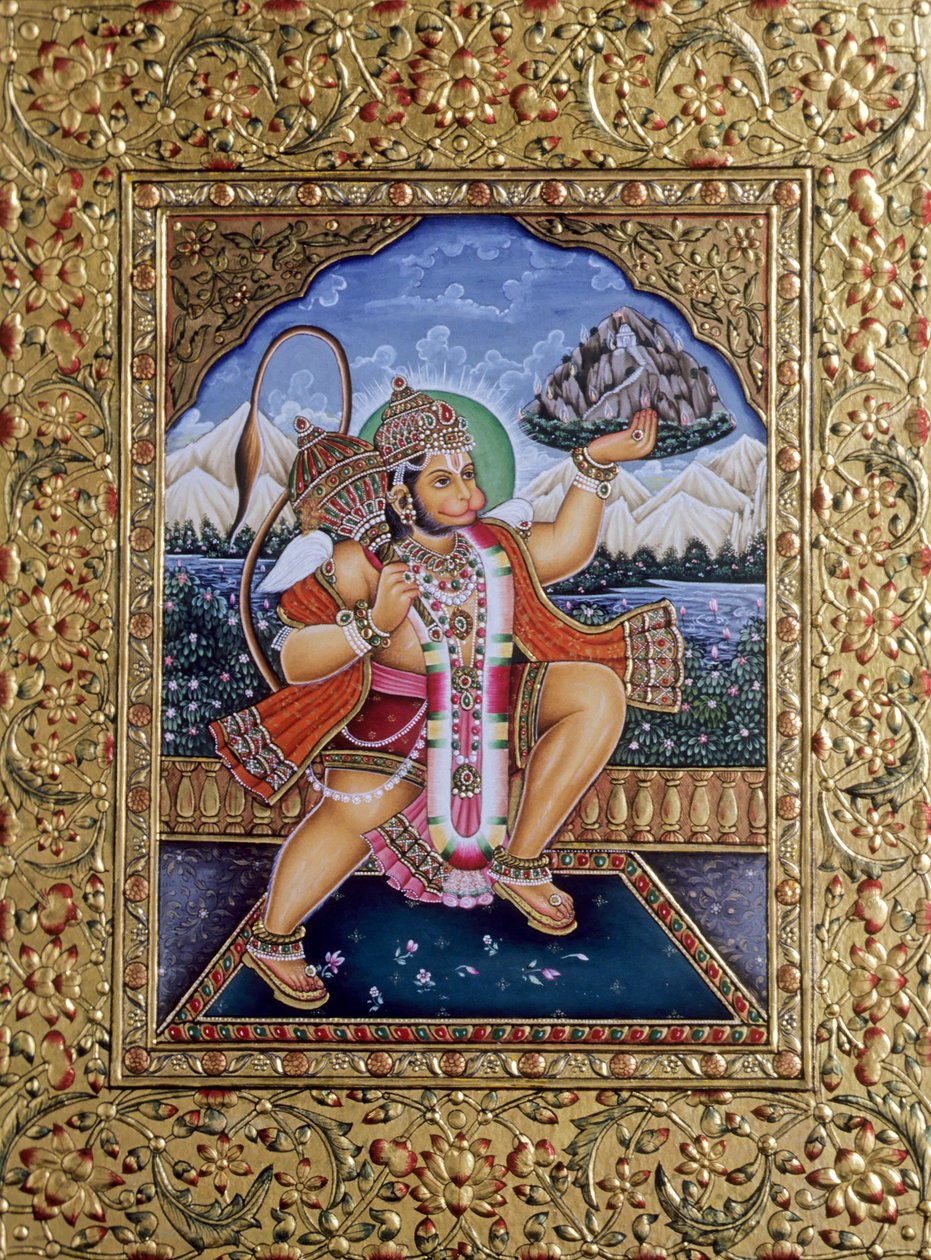 Miniaturowy obraz Lorda Hanumana na papierze ze złotym haftem autorstwa School Indian