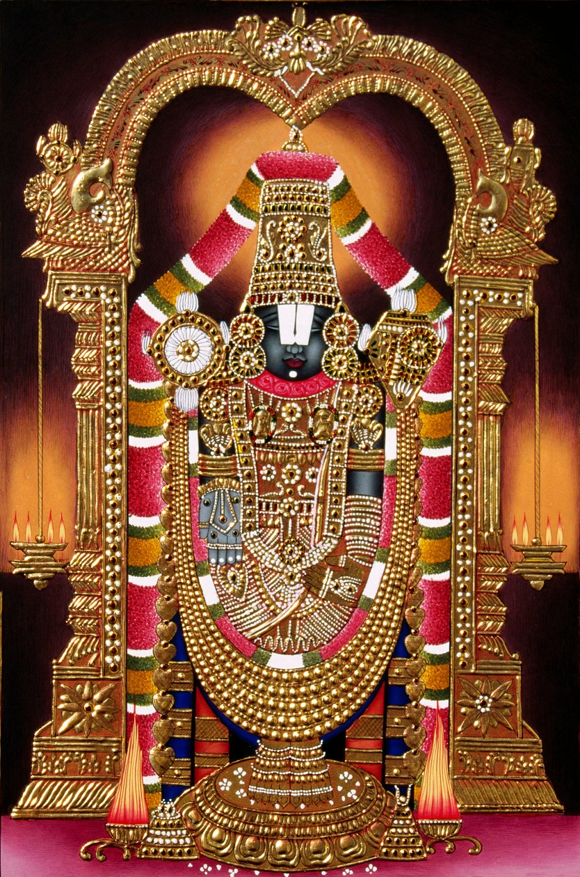 Miniaturowy obraz Pana Thirupati Balaji na papierze ze złotym tłoczeniem autorstwa School Indian