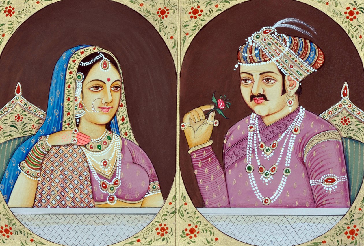 Miniaturowe malarstwo Akbara i Jodha Bai Indie Azja autorstwa School Indian
