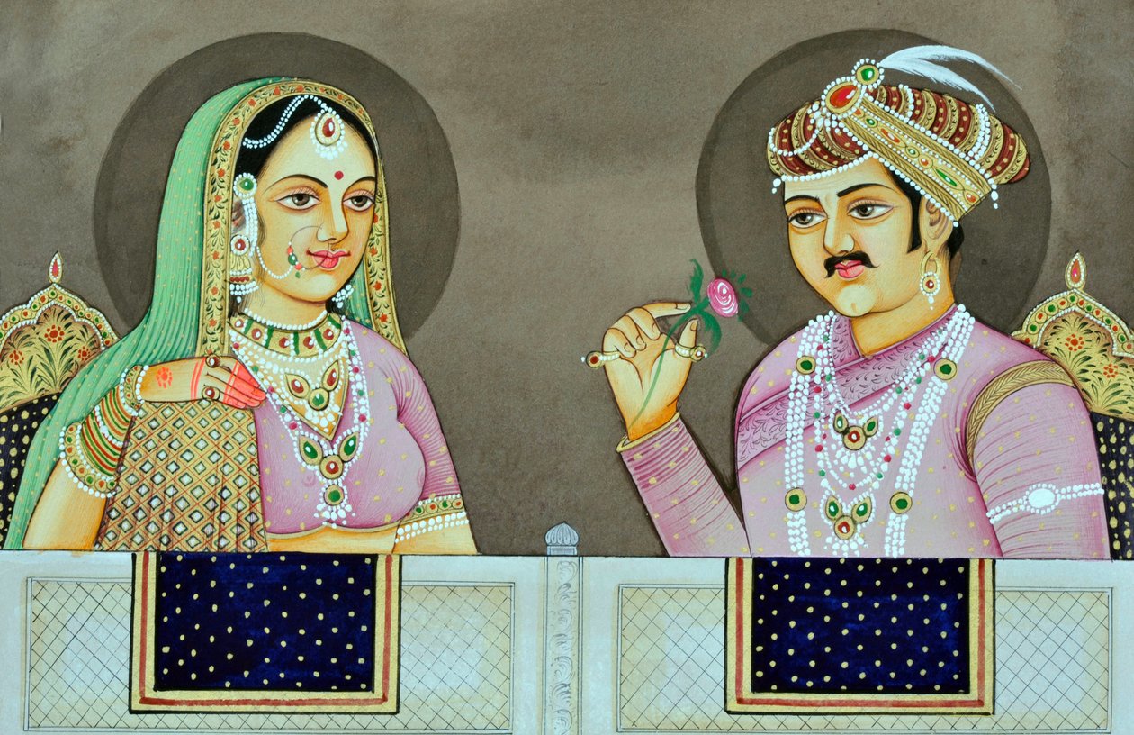 Miniatura przedstawiająca Akbara z Jodha Bai Indie Azja autorstwa School Indian