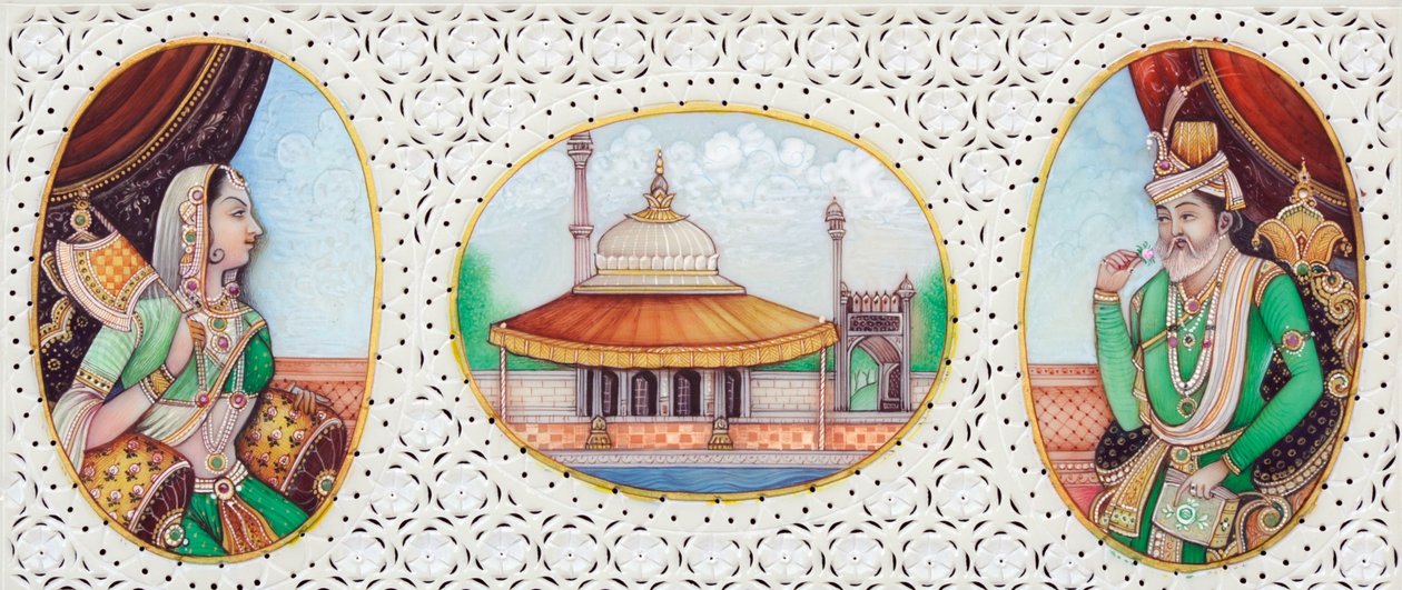 Miniatura przedstawiająca cesarza Mogołów Humayuna z żoną Jhanvi autorstwa School Indian