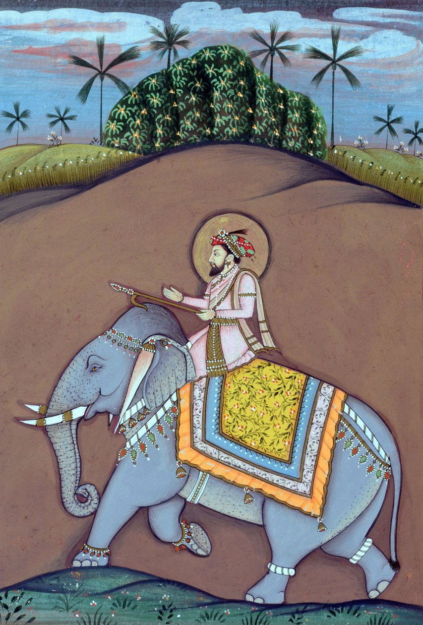 Miniatura przedstawiająca cesarza Mogołów Shah Jahana siedzącego na słoniu autorstwa School Indian