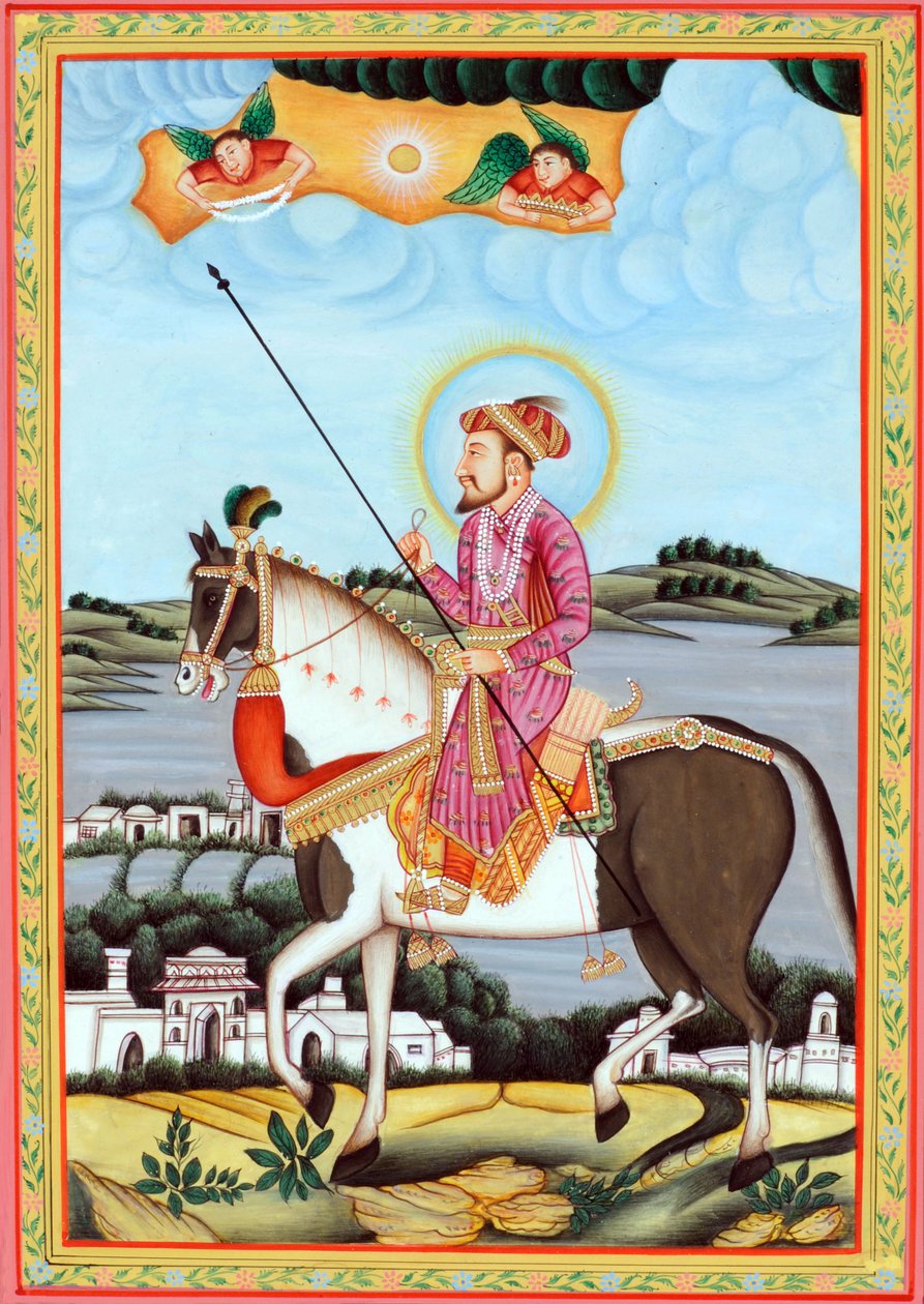 Miniatura przedstawiająca cesarza Mogołów Shah Jahana siedzącego na koniu autorstwa School Indian