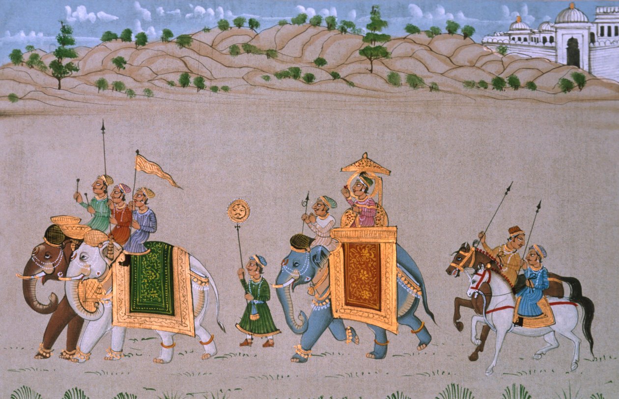 Miniatura malowana na jedwabiu, Królewska procesja autorstwa School Indian
