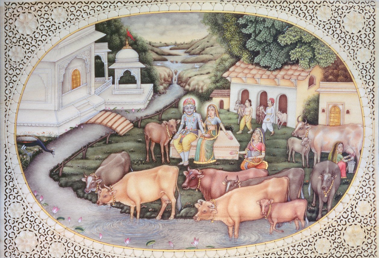 Miniatura przedstawiająca Krysznę, mleczarkę siedzącą na polu z bydłem (akwarela na kości słoniowej) autorstwa School Indian