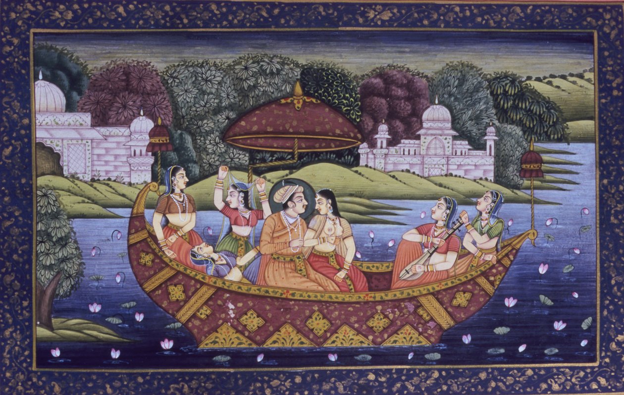 Miniaturowy obraz Mughal na papierze, scena miłosna króla i muzyka w łodzi autorstwa School Indian