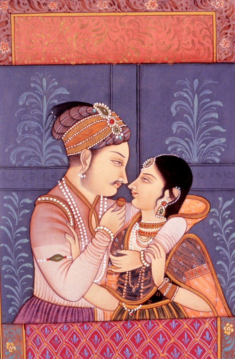 Miniaturowy obraz Mughal na papierze przedstawiający scenę miłosną (miniautre) autorstwa School Indian