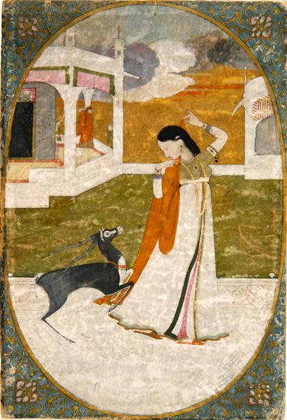 Nayika z jeleniem, Punjab Hills (nieprzezroczysta akwarela na papierze) autorstwa School Indian