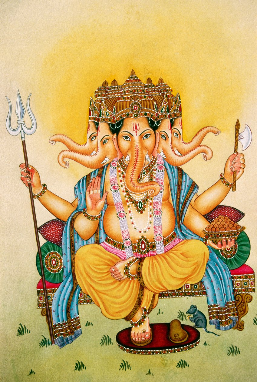 Panchmukhi Pan Ganesh Ganpati Miniatura malowana na papierze autorstwa School Indian