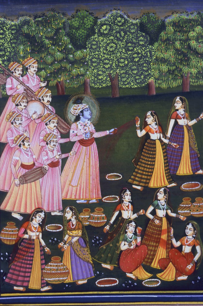 Zdjęcie Kryszny bawiącego się w Holi z Gopies (Nalkdwral Pichwai Chool), Indie autorstwa School Indian