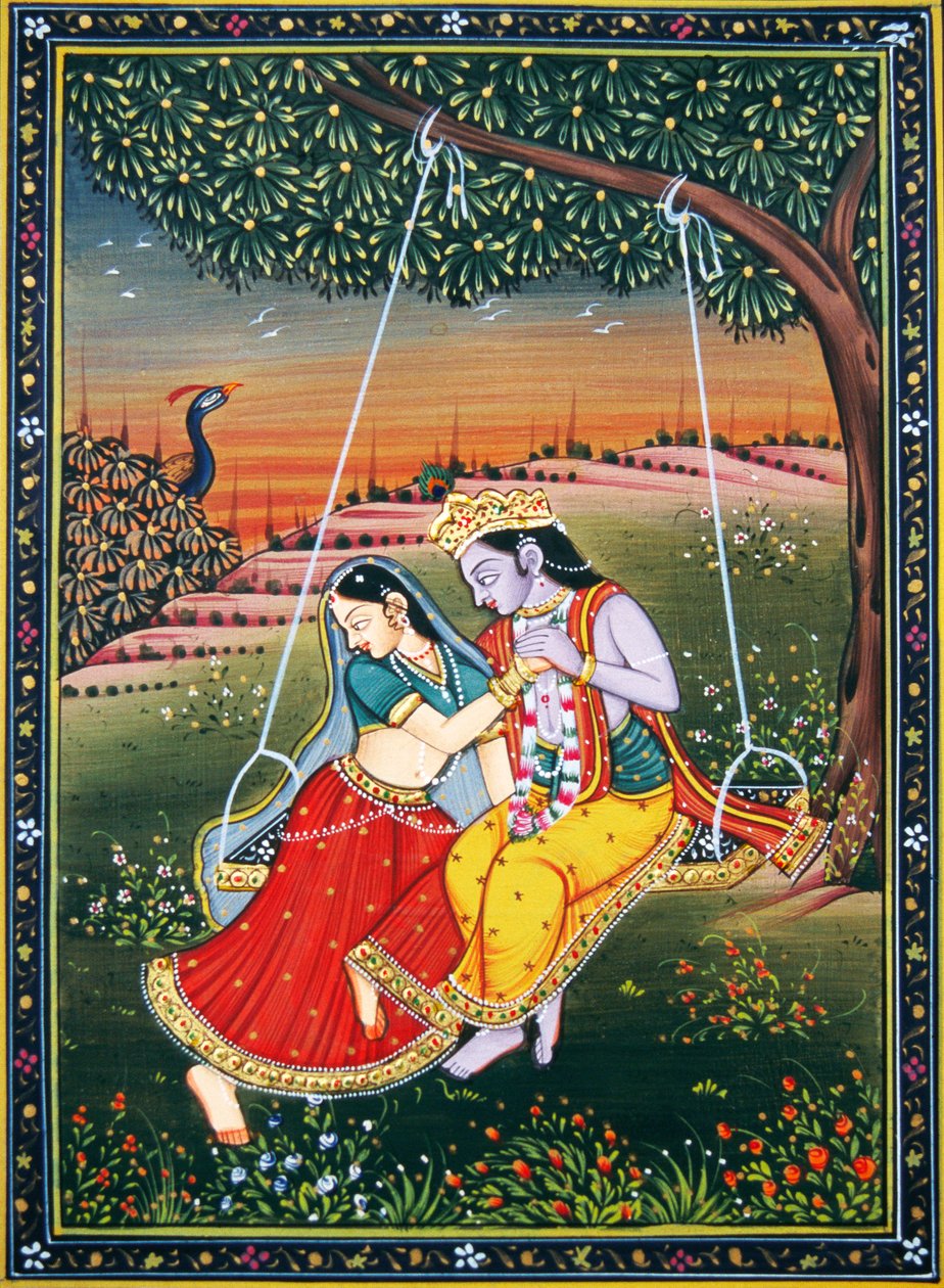 Radha Krishna cieszący się Jhoola Miniatura malowana na papierze autorstwa School Indian