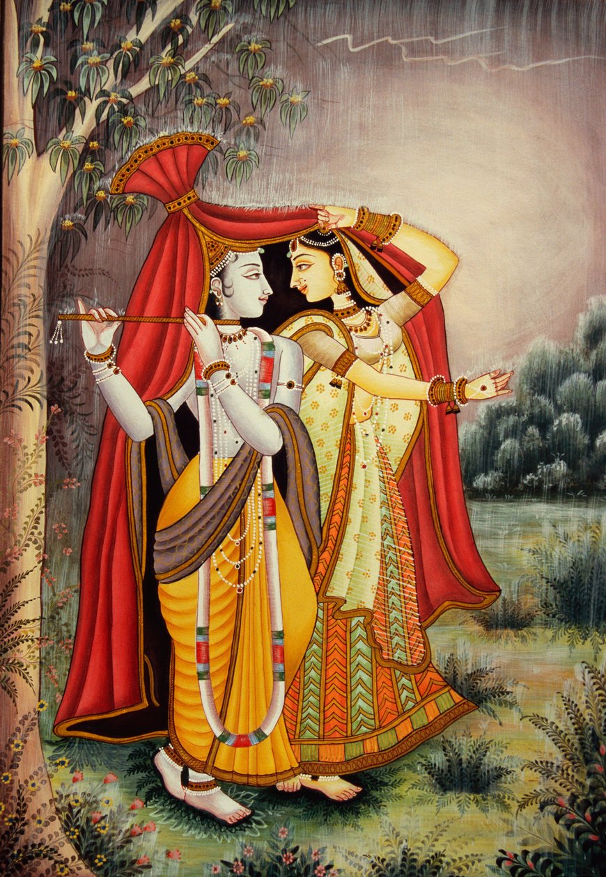 Miniaturowy obraz Radha Krishna w monsunie na papierze autorstwa School Indian