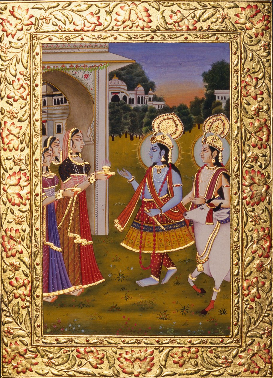 Miniaturowy obraz Radha Krishna na papierze ze złotym tłoczeniem autorstwa School Indian