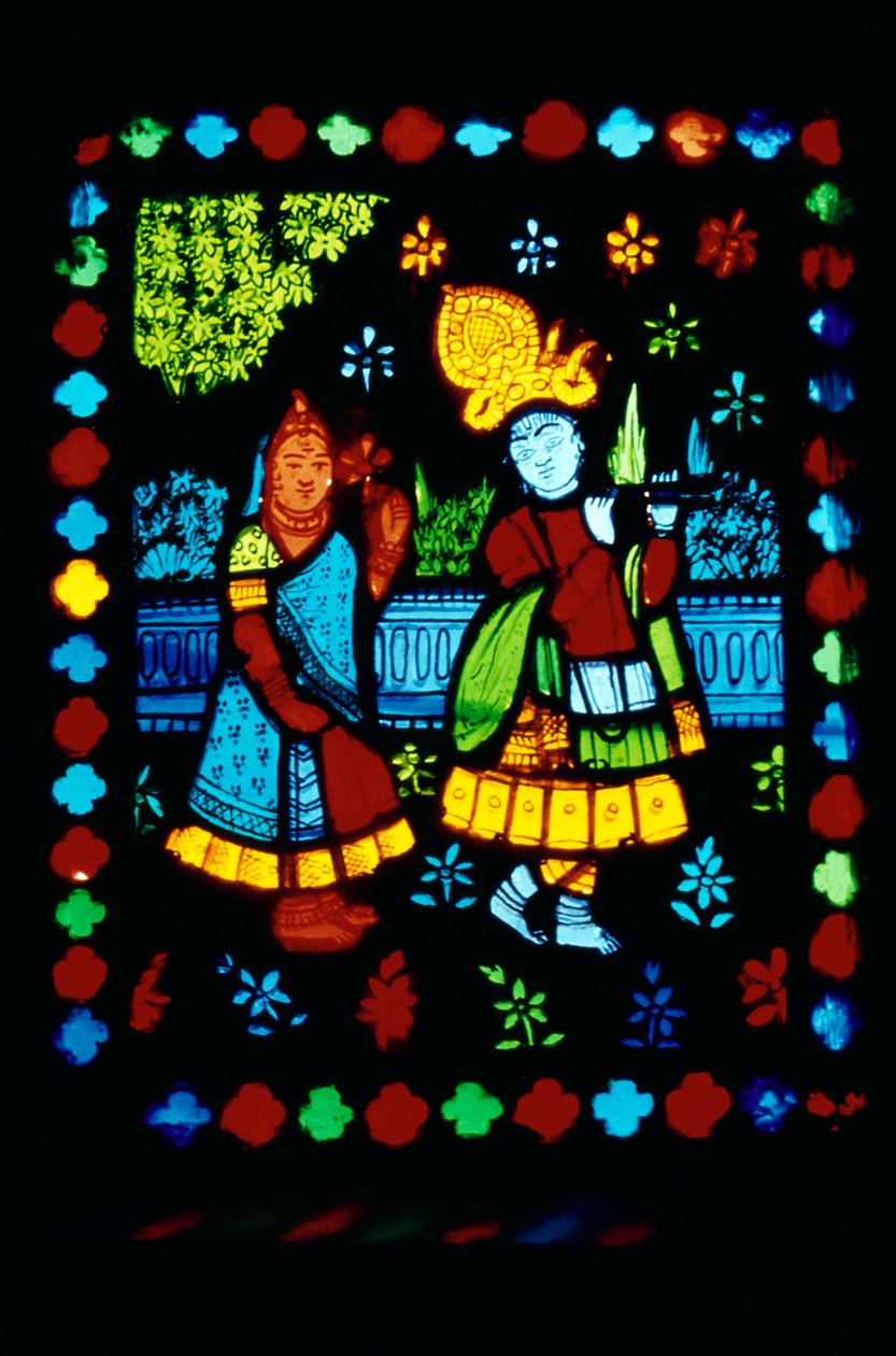 Radha Krishna na witrażu autorstwa School Indian