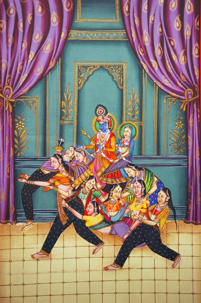 Radha Krishna z Sakhis Miniaturowy obraz na papierze autorstwa School Indian