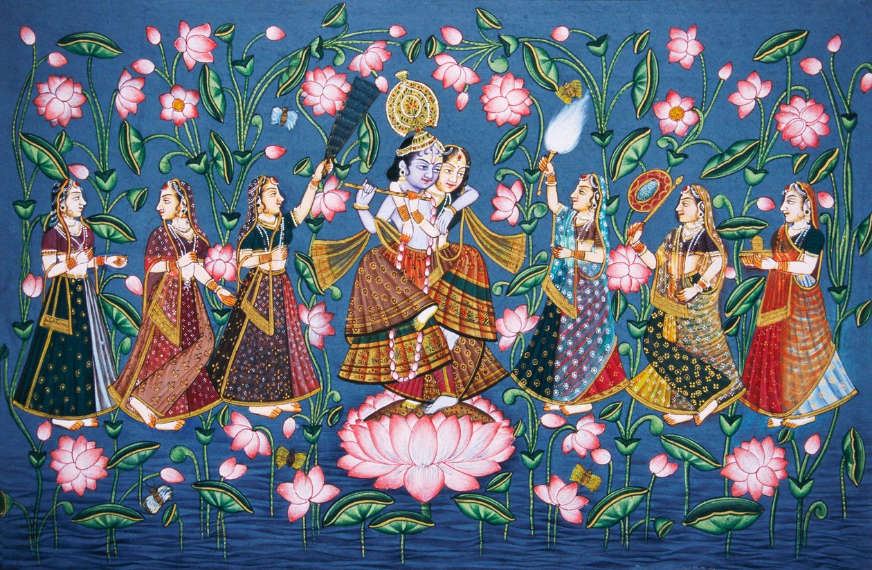 Radha Krishna z Sakhis Miniaturowy obraz na papierze autorstwa School Indian