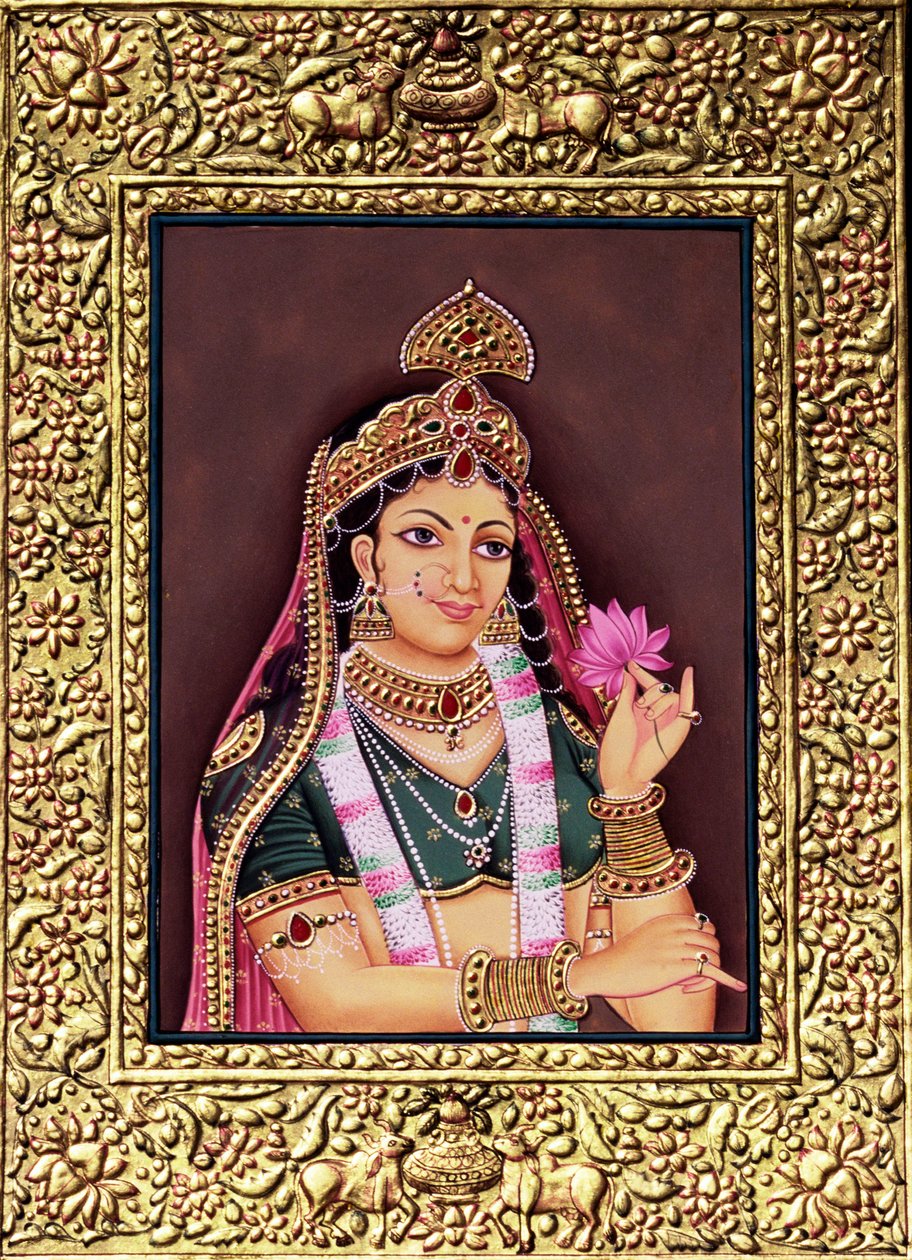 Miniaturowy obraz Radha na papierze ze złotym tłoczeniem autorstwa School Indian